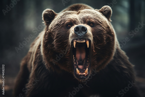 Angry big brown bear with open mouth in forest. Halloween concept
