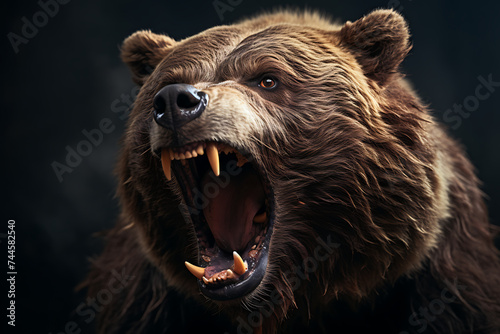 Angry big brown bear with open mouth in forest. Halloween concept