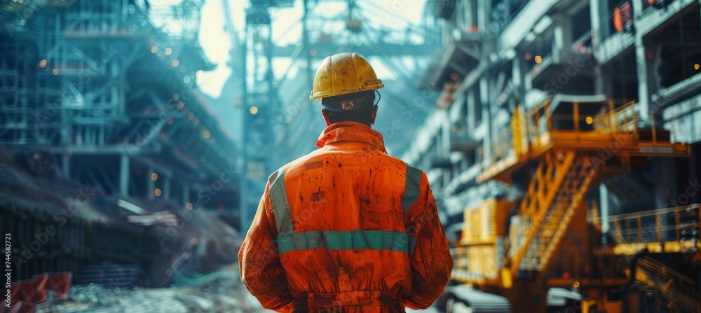 Back view mining worker with bokeh factory industry background. Professional industrial job. Generative AI technology.	
