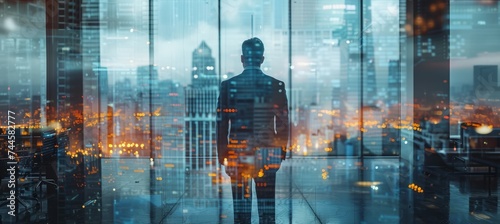 Back view businessman with double exposure effect from city building. Generative AI technology. © Hero Design
