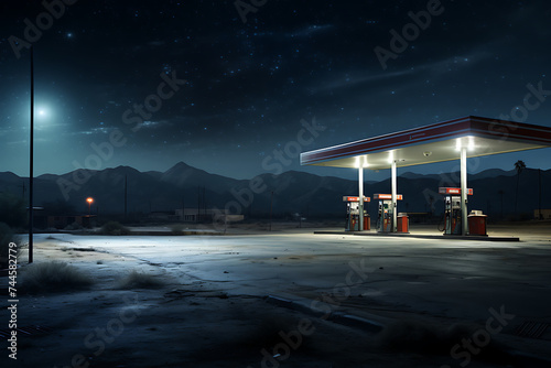gas station at night in the desert with starry sky and moon photo