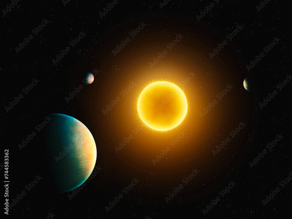 A star with three rocky planets. Exoplanets in orbit around a star. Extrasolar planetary system.