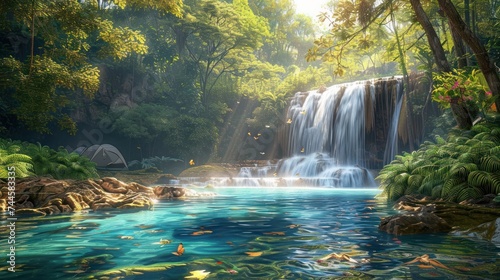 Tranquil Waterfall Retreat in Lush Green Jungle