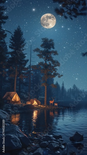 Full Moon and Campfire by a Serene Forest Lake