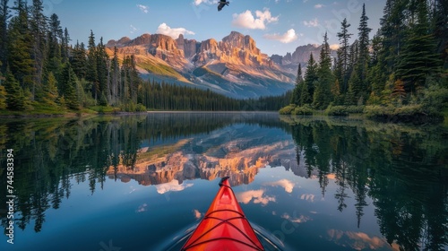 RED Kayaking at Sunrise in Mountain Lake Scenery © happysunstock