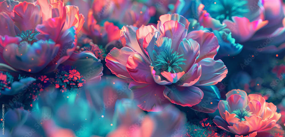 Digital blossoms bloom in an intricate pattern, painted in neon pink and turquoise. - obrazy, fototapety, plakaty 