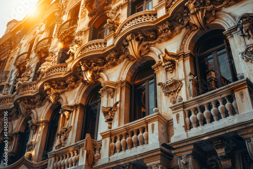 Magnificent Renaissance palace facade with decorative balconies, arched windows, and sculpted reliefs. © Hunman