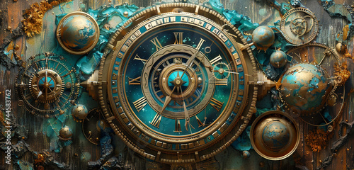 Cosmic clockwork ticks in an intricate pattern, against a canvas of bronze and turquoise.