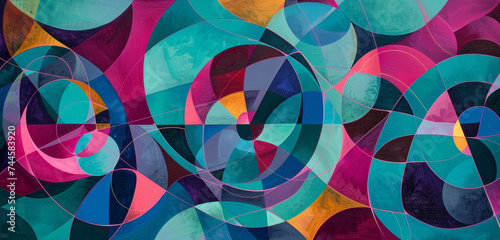 Dynamic geometric shapes in perpetual motion, creating an intricate pattern against a canvas of cosmic teal and pulsating magenta.