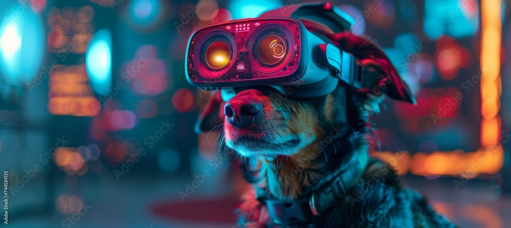 Dog using virtual reality googles. Modern technology device. Generative AI technology. Dog using virtual reality googles. Modern technology device. Generative AI technology.