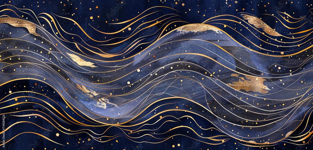 Interstellar waves vibrate in an intricate pattern, painting midnight blue and gold.