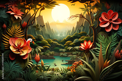 Beautiful fantasy landscape with flowers and birds in the jungle. Vector illustration.