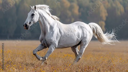 White Andalusian horse runs gallop in summer time photo