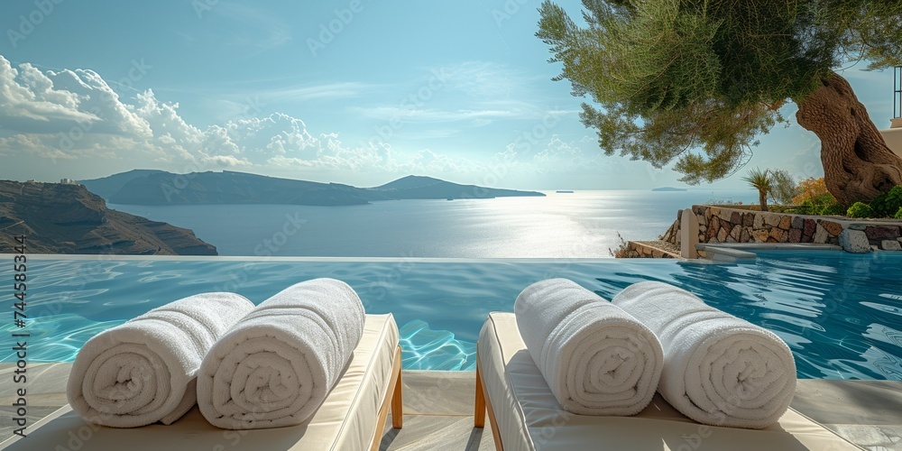 Majestic ocean view at a luxurious resort, perfect for a romantic honeymoon. - obrazy, fototapety, plakaty 