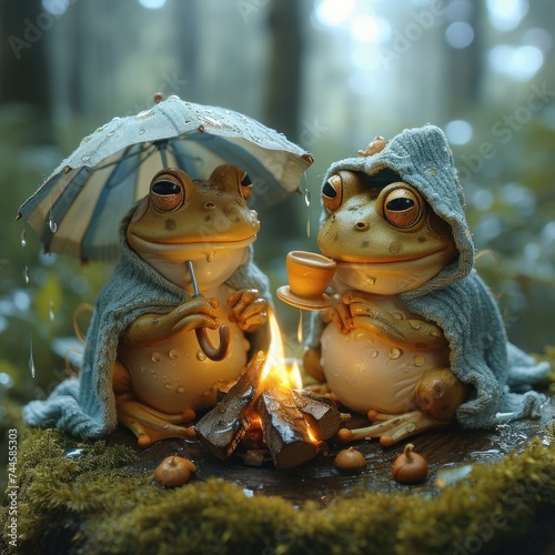 Frog in the forest alone and with his partner taking shelter during the rainy season in the tropical forest lighting a campfire, feeling the calm in the middle of the forest. Generative ai
