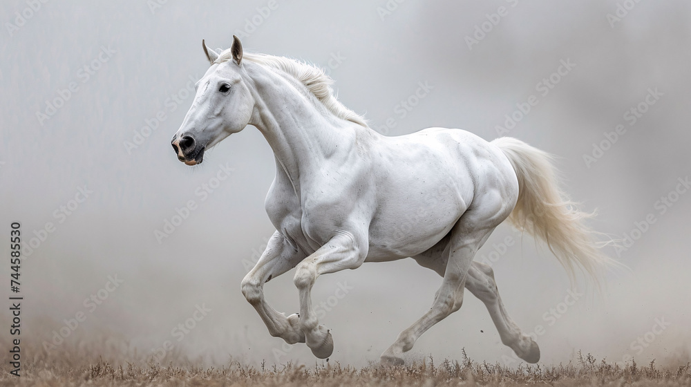 White Andalusian horse runs gallop in summer time White Andalusian horse runs gallop in summer time