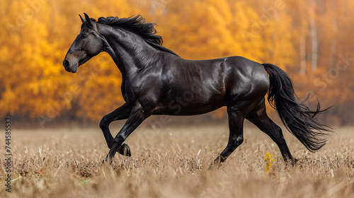 Galloping shiny black Andalusian stallion isolated on white background. 