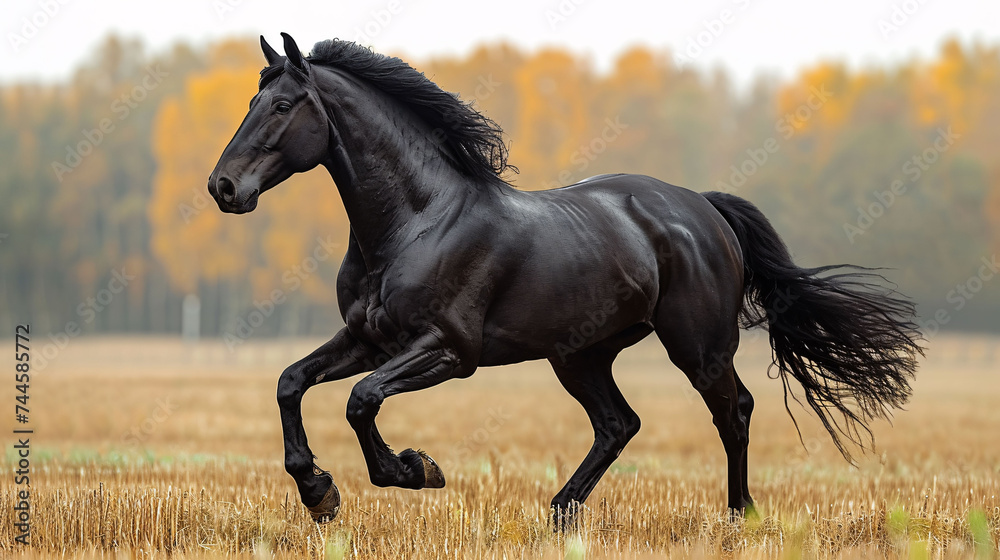 Galloping shiny black Andalusian stallion isolated on white background.
Galloping shiny black Andalusian stallion isolated on white background.