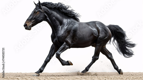 Galloping shiny black Andalusian stallion isolated on white background.  