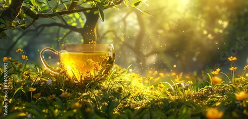 A transparent cup holding a radiant yellow drink, set amidst a lush green landscape, under the midday sun. photo