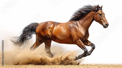 Canvas Print Running horse with streamed mane. Sunset time and sand