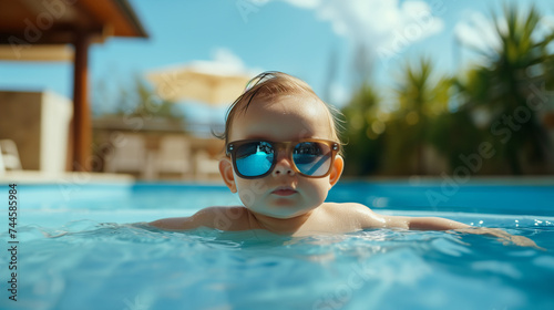 a chic baby strikes a pose with sunglasses poolside © Laura