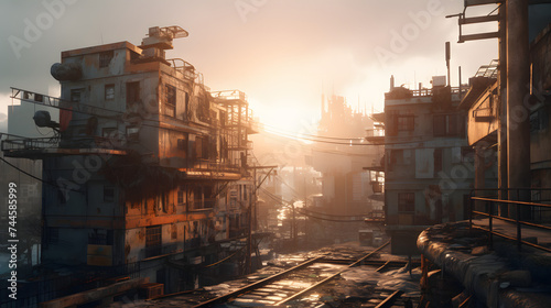  a devastated city with a sun rise