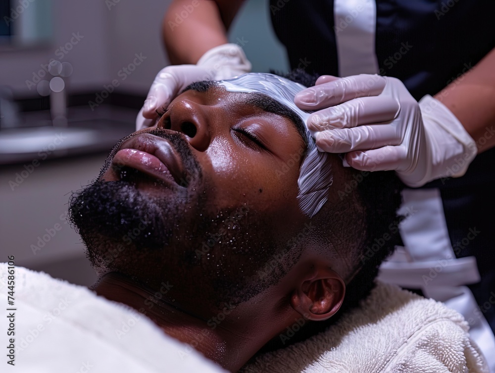 fullbody black esthetician giving a facial to handsome black man beauty spa, Generative AI