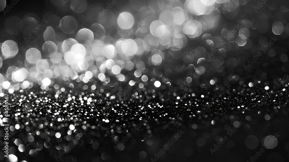 Abstract Black And White Texture Background A Glamorous Silver Glitter For A Shimmering,Black glitter lights. Shiny sparkles, bokeh effects, glowing surface. Selective focus, abstract background - obrazy, fototapety, plakaty 