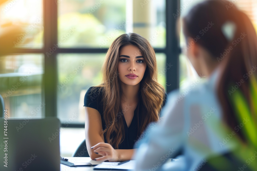 Fototapeta premium Ambitious Caucasian Lady Acing Interview Process