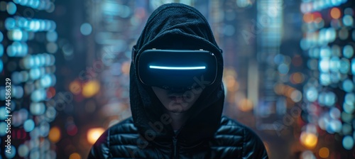 Hooded hacker using virtual reality headset. Fictional character. Modern technology device. Generative AI technology.