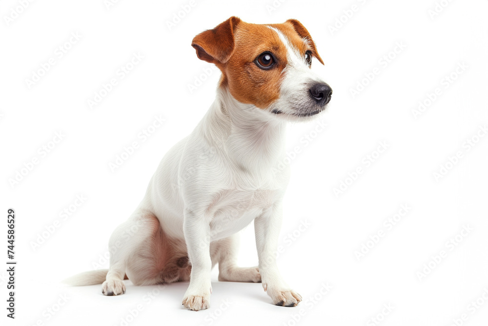 A Jack Russell Terrier sitting attentively on a white background with its head turned to the side
