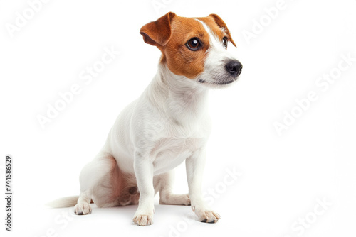 A Jack Russell Terrier sitting attentively on a white background with its head turned to the side
