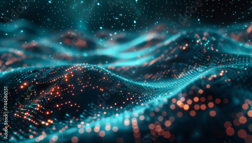fondo de redes de internet representando el metaverso y el ciberespacio, con efecto ondulado bokeh azul, naranja y verde © Helena GARCIA