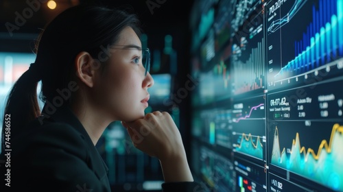 Focused businesswoman analyzing financial graphs on screens, investment and analysis concept