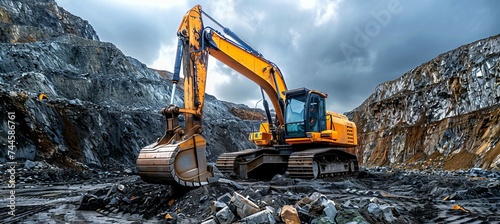 Excavator machine at mine. Mining industry heavy vehicle concept. Generative AI technology. photo