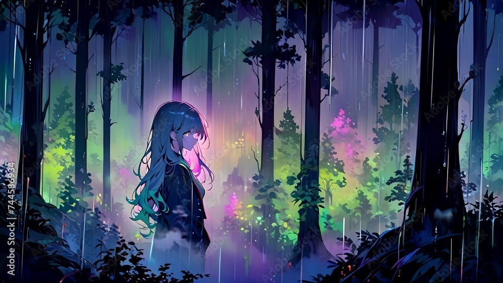 Anime girl against a forest background, fog, green glow, digital art