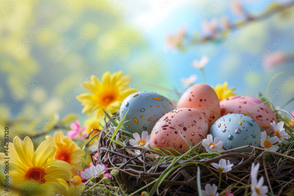 decorated pastel-colored Easter eggs nestled in a natural twig nest, complemented by lively spring flowers and gentle sunlight.