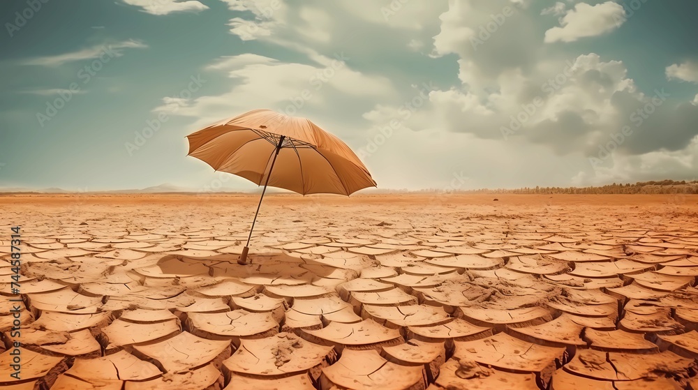 Dry and cracked land with umbrella, Global warming and climate change concept, Generative AI illustrations.