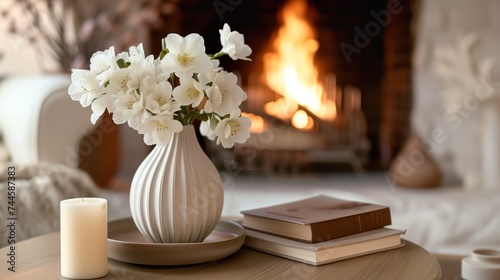 Fototapeta Naklejka Na Ścianę i Meble -  Serene home setting with white flowers in a vase and a lit fireplace, perfect for cozy interior themes