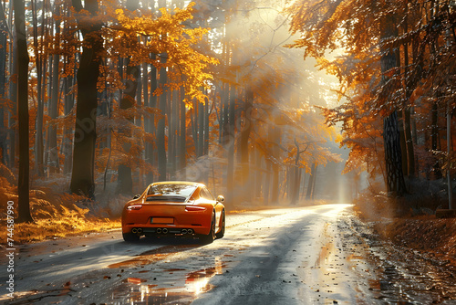 Orange sports car driving on a road inside a forest