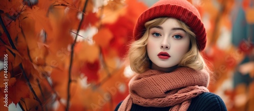 Girl in autumn attire, wearing knitted sweater, scarf, and red beret, posing with fall leaves.