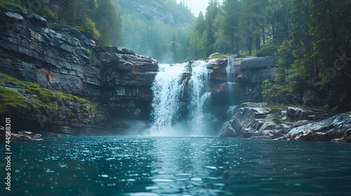 Turquoise Waterfall in a Mountain Lake © Duanporn