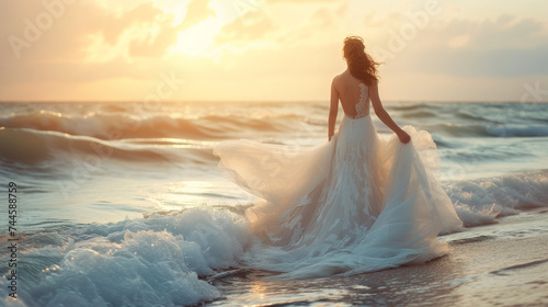 As the bride walks by the water's edge, her white dress blends harmoniously with the azure sea, creating a mesmerizing sight of bridal bliss by the beach