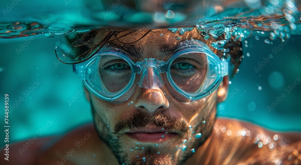 A determined swimmer explores the unknown depths, donning his diving equipment and peering through his goggles at the serene world beneath the water's surface