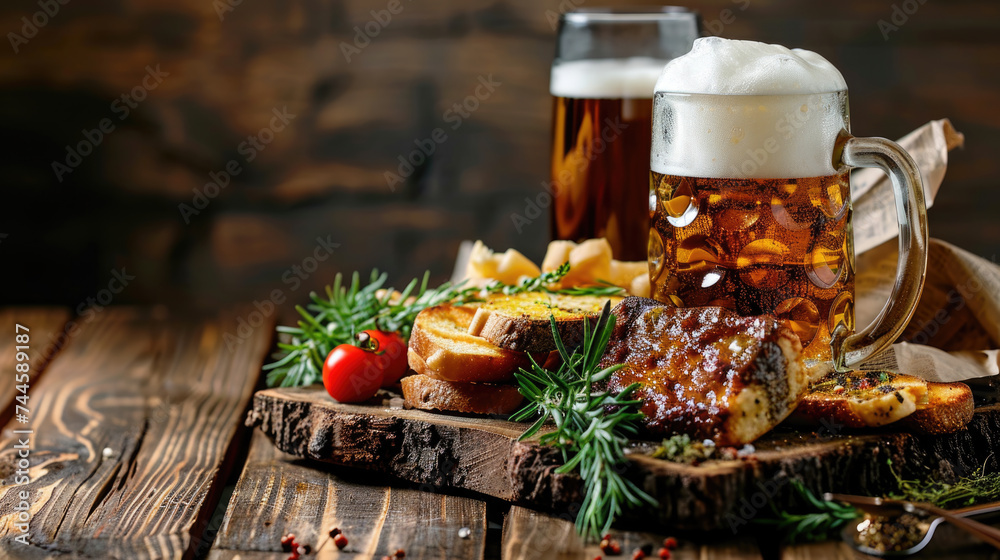 Glass of beer and various food items on rustic wooden table