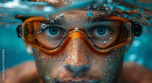A submerged adventurer's face is revealed through the distortion of water, framed by his protective goggles as he explores the depths of the ocean