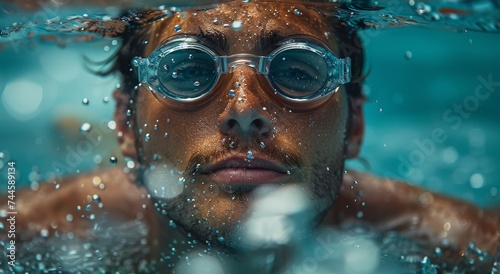 A determined swimmer's face, adorned with goggles and sunglasses, is visible through the crystal clear water as they immerse themselves in the invigorating sport of swimming