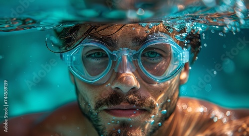 A determined swimmer explores the unknown depths, donning his diving equipment and peering through his goggles at the serene world beneath the water's surface © Larisa AI