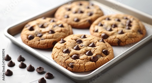 Indulge in the comforting warmth of freshly baked chocolate chip cookies, a delicious treat perfect for satisfying cravings or sharing with loved ones indoors photo